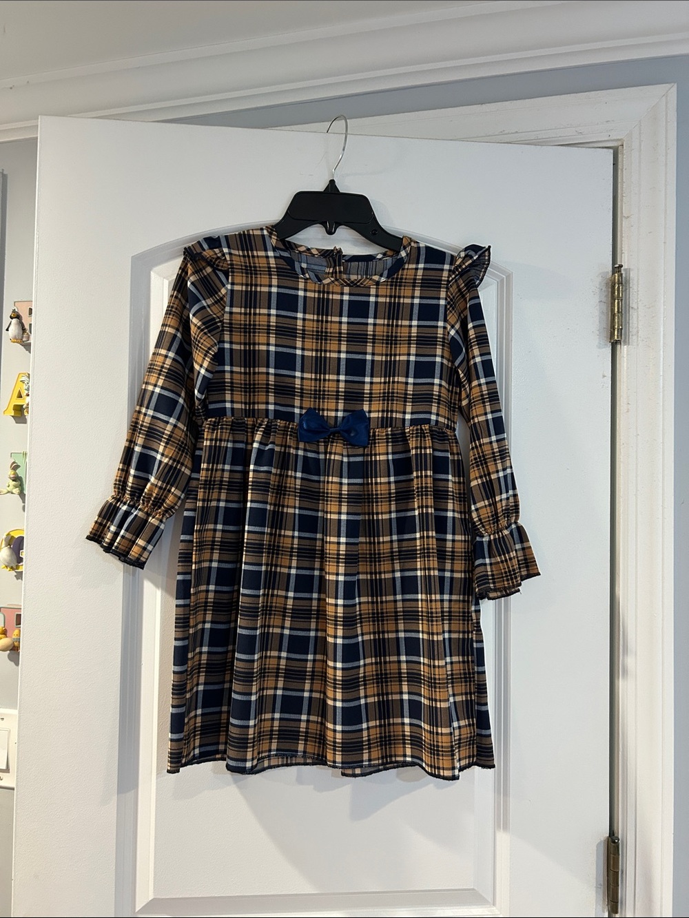Girls Navy and Tan Plaid Long-Sleeve Dress with Bow